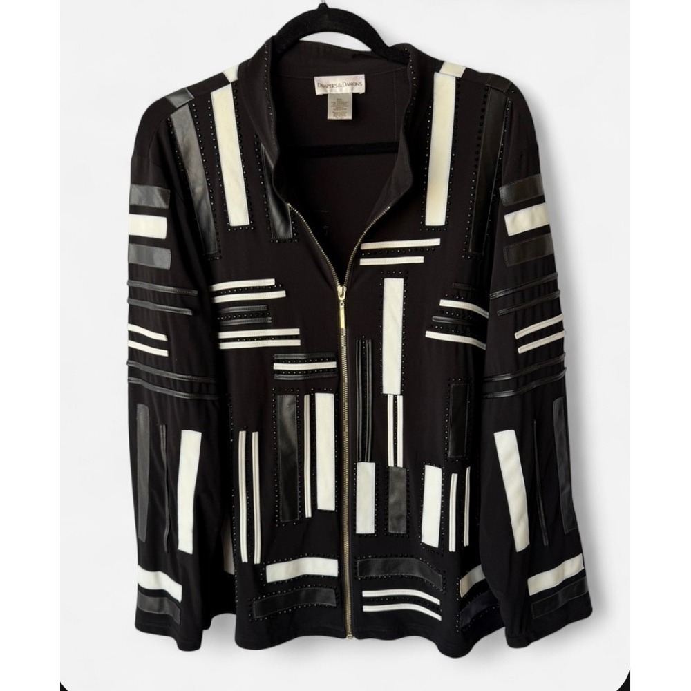 Drapers & Damons Zip Jacket Black White Geometric Studded Womens 2XL